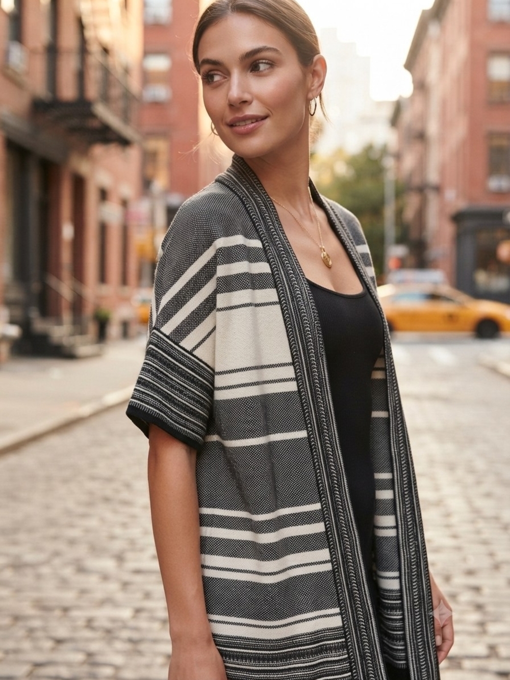 Vince Striped Open Front Cardigan Black White M